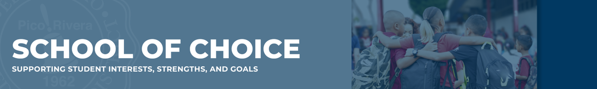 School of Choice banner featuring students walking together with arms around each other