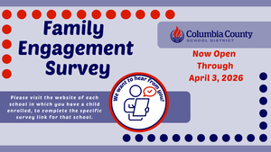 Family engagement survey announcement with text and school district logo.
