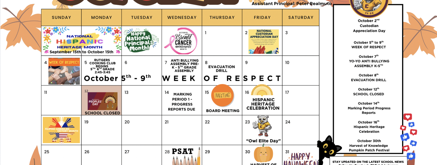Calendar highlighting events and activities for October with seasonal decorations.