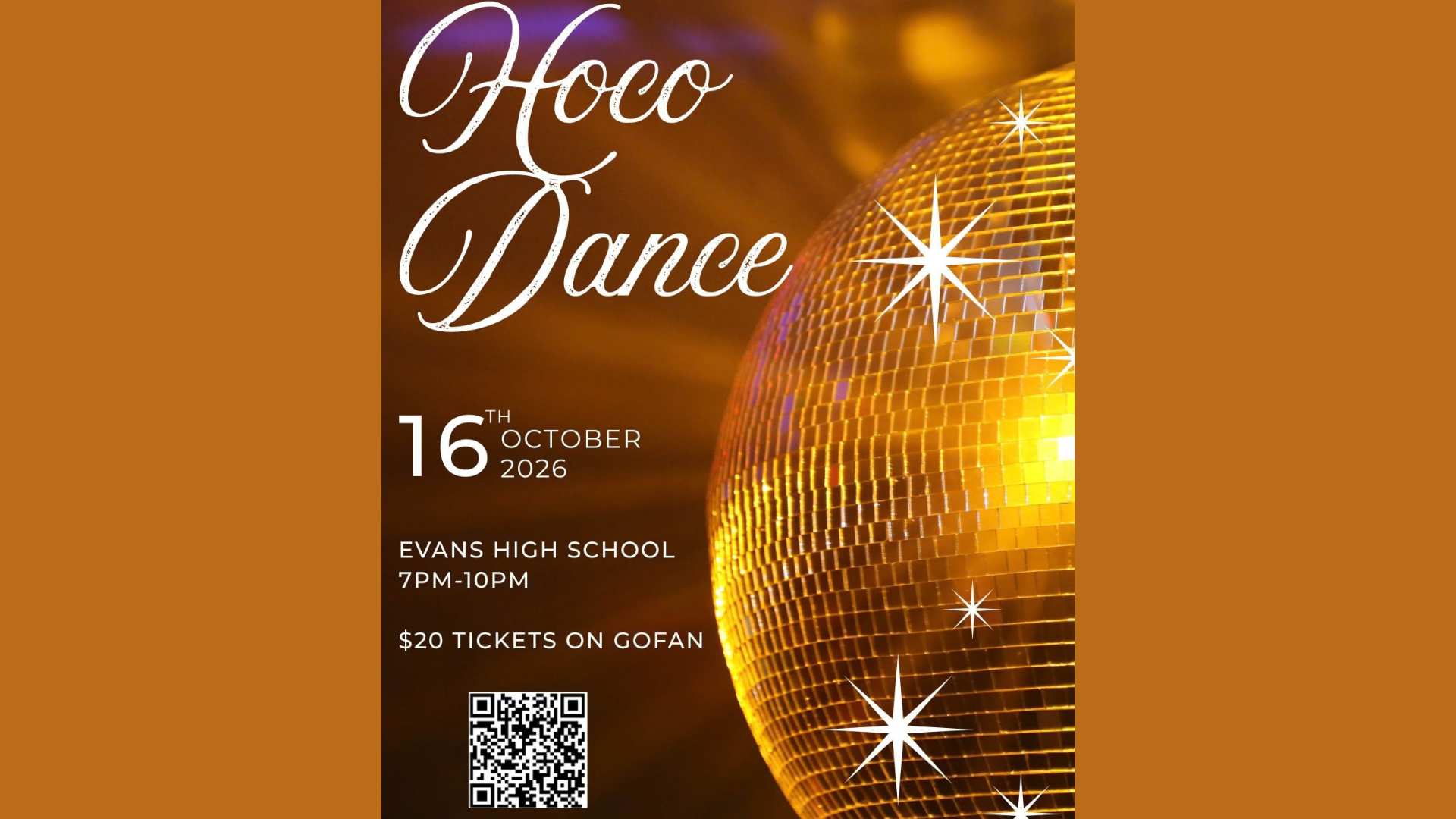 Promotional poster for a homecoming dance event with a disco ball and event details.