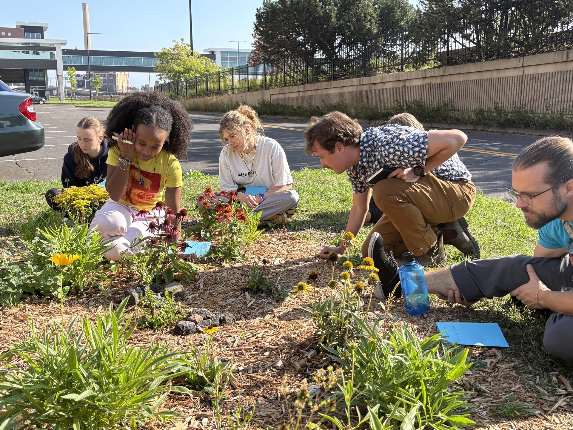 Students and teachers working in a pollinator garden located behind HCIS.
