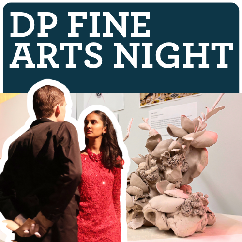 DP Fine Arts Night: students stand on stage, botanical sculpture from clay