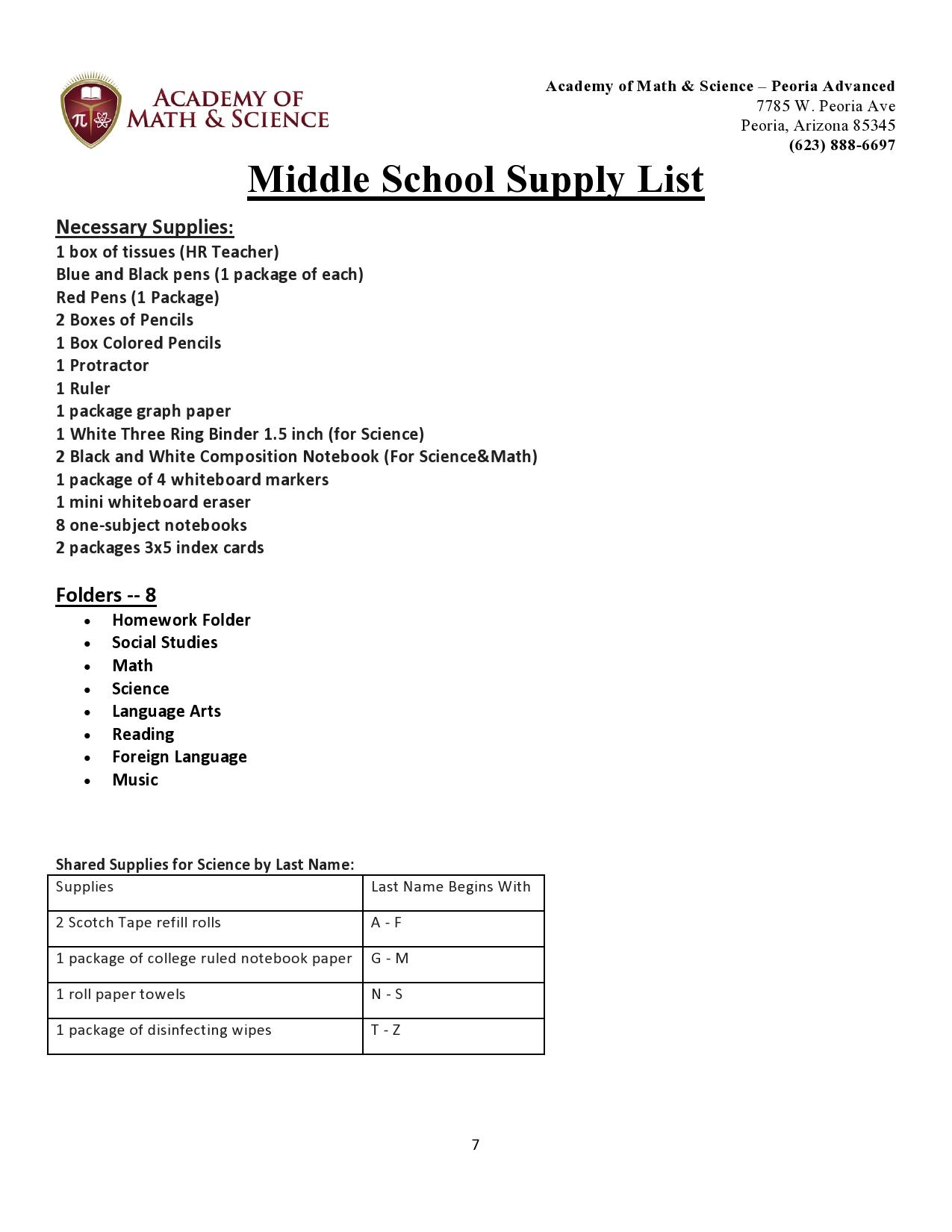 Supplies List District + Schools Academies of Math & Science\