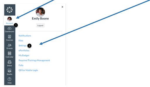 1. In Global Navigation, click the Account link [1], then click the Settings link [2].