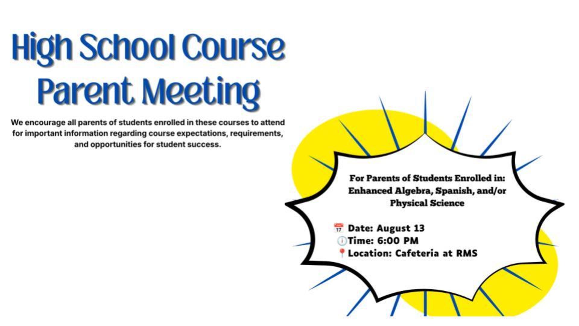 Banner for a parent meeting with course details and RSVP information.