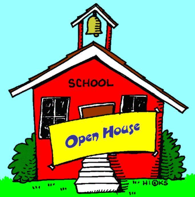 photo of a red schoolhouse with the words open house