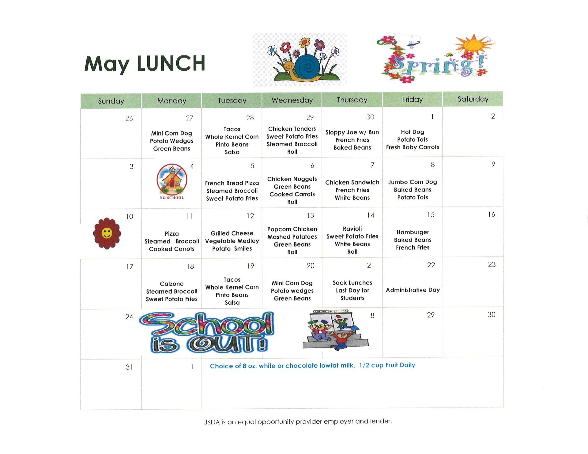 Calendar layout featuring May lunch menu with various food items listed.