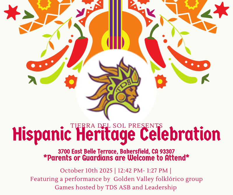 Event flyer for a Hispanic Heritage Celebration with colorful elements and guitar design.