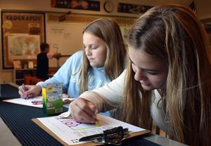 Two students coloring worksheets at a desk in a classroom.