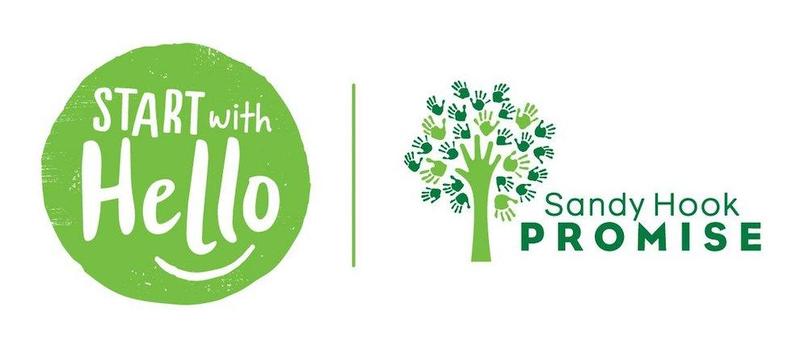 Green logo with 'Start with Hello' and Sandy Hook Promise tree design.