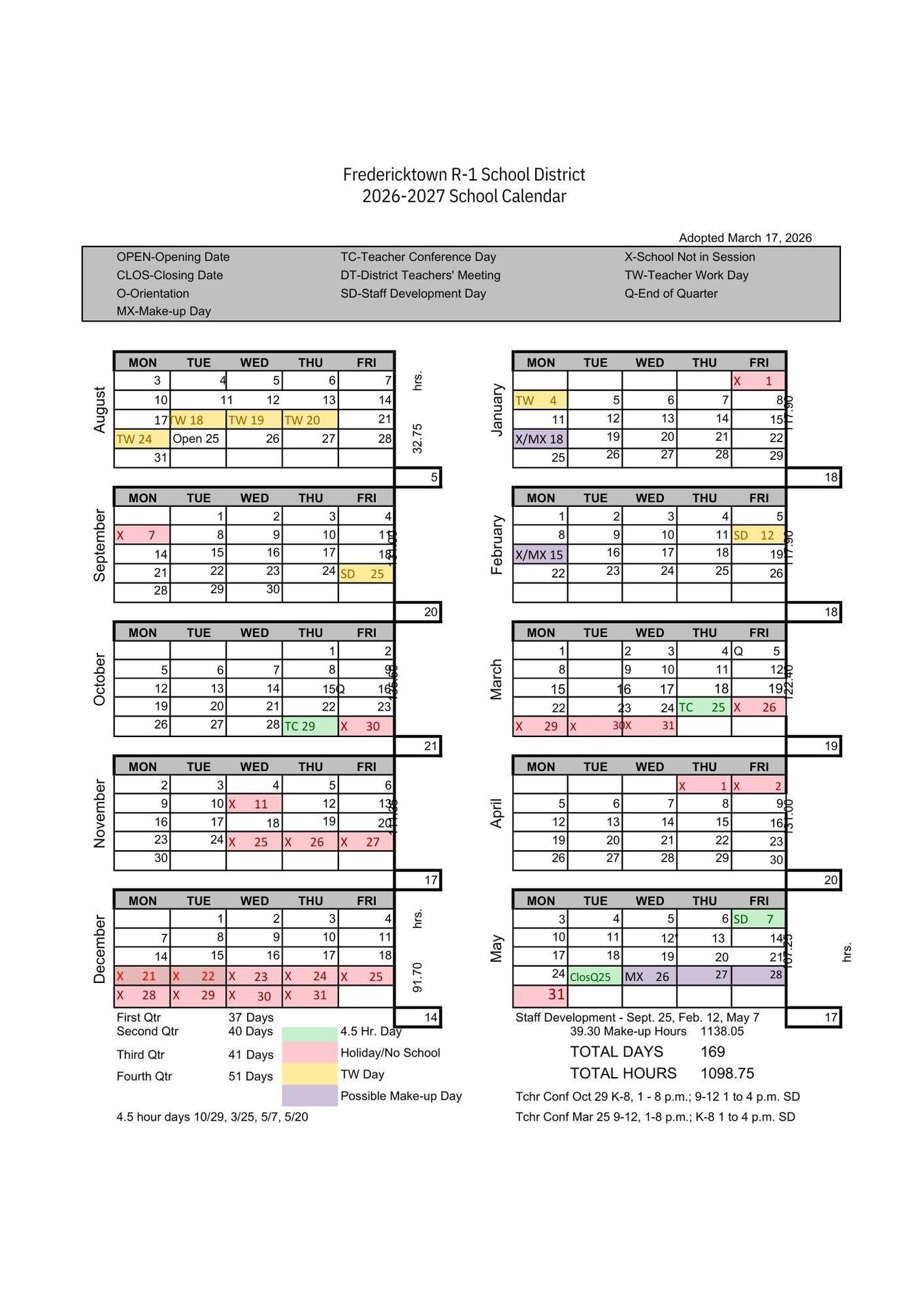Calendar for the 2025-2026 Fredericktown R-1 School District