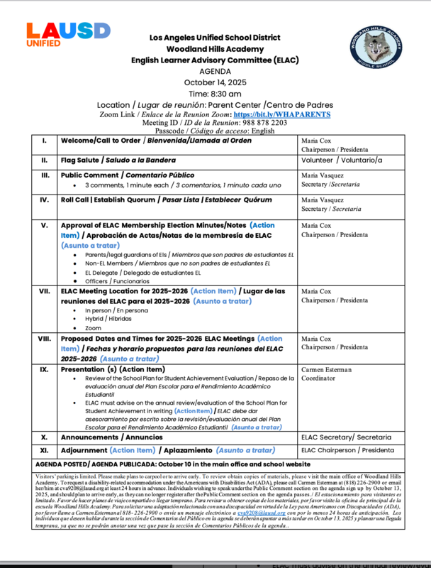 English Learner Advisory Committee (ELAC) Tuesday, October 14 - 8:15 AM - Parent Center Featured Photo