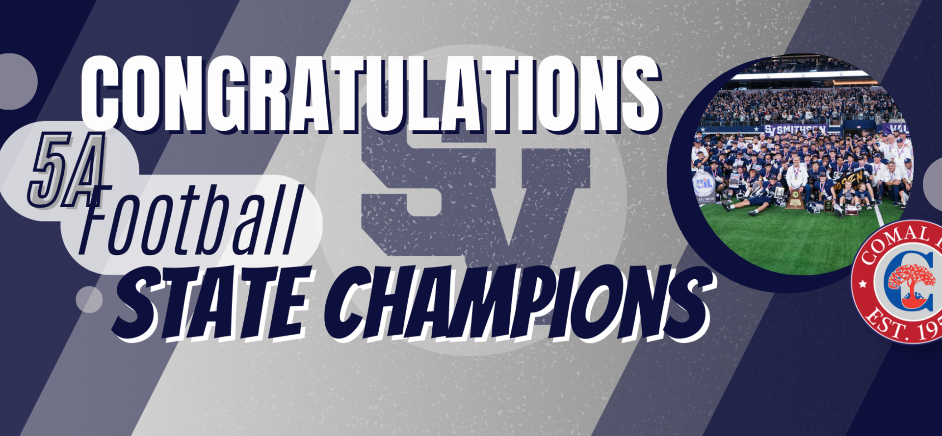Text celebrating SV's 54A Football State Championship with team photo and logo.