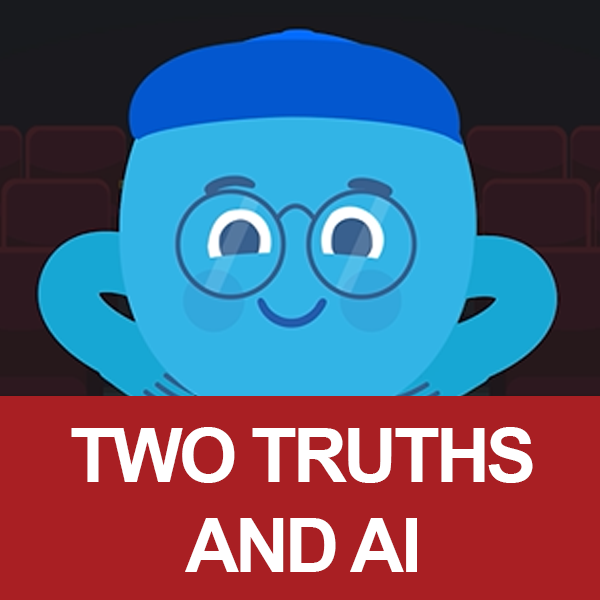 Two Truths and AI image of blue character with glasses