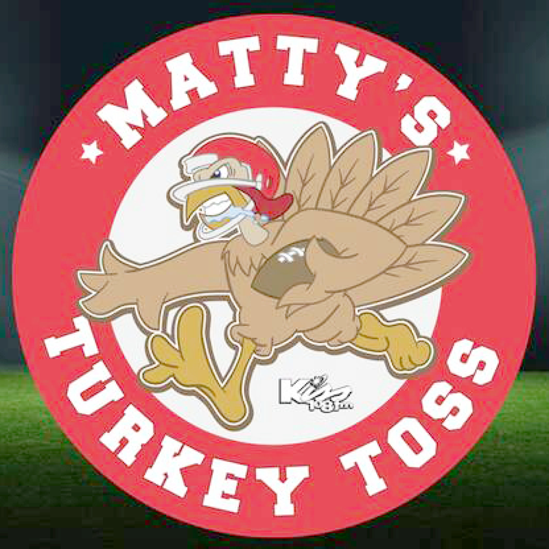 A cartoonish turkey in carrying a football and wearing a football helmet