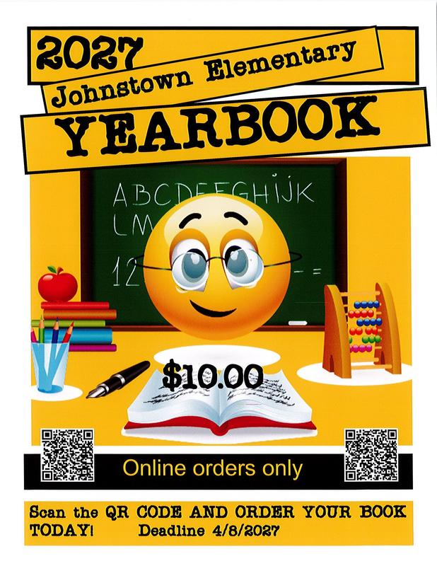 2027 Johnstown Elementary yearbook order flyer with QR code.