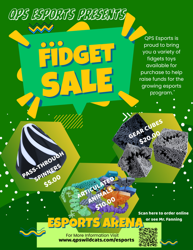 Colorful flyer advertising fidget sale fundraiser for the Esports Program