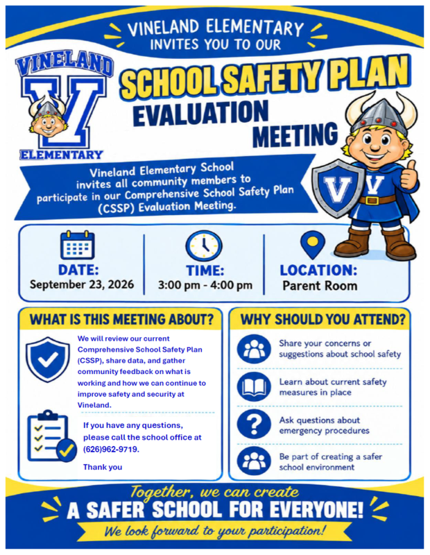 Invitation to a school safety meeting in English with details and illustrations.