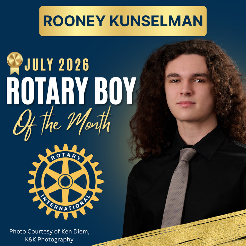 Photo of July Boy of the Month with blue and gold graphic effects and gold Rotary Club gear logo