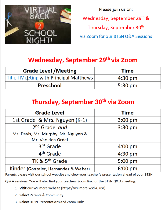 2021 Back to School Night Schedule