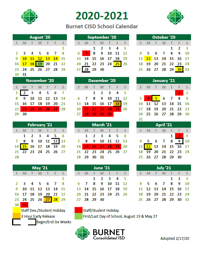 2020-2021 School Year Calendar | Burnet High School 2020-2021 School Year Calendar | Burnet High School
