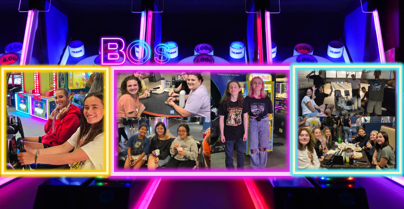 Group of students enjoying games and food at an arcade, with colorful decorations.