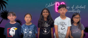 Group of five students stand in front of a green screen