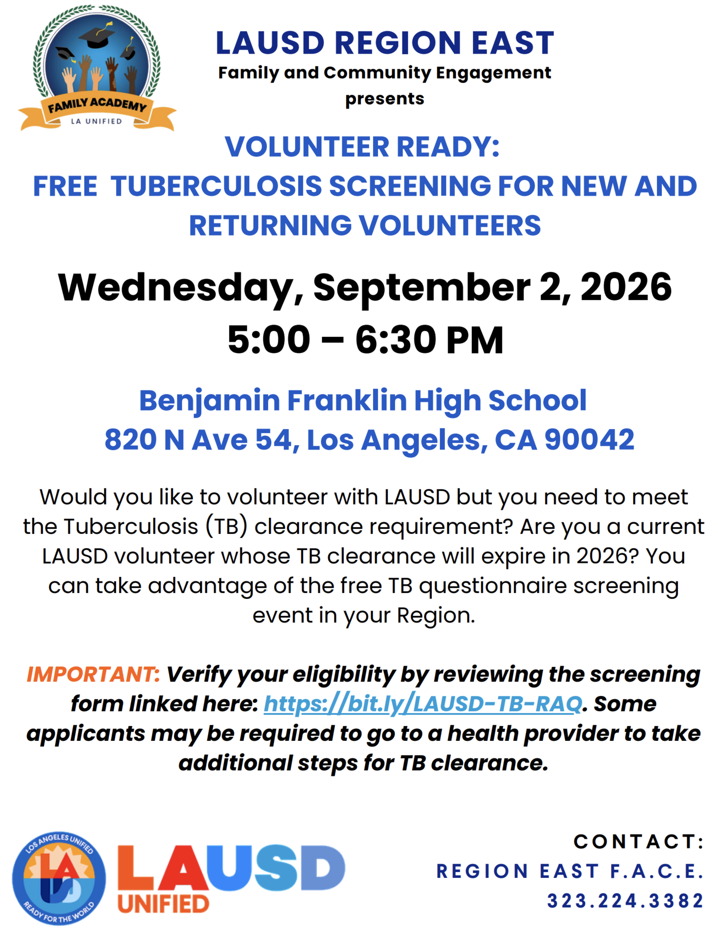 Volunteer Ready: Free TuberculosisScreening for new and returning volunteers flyer 