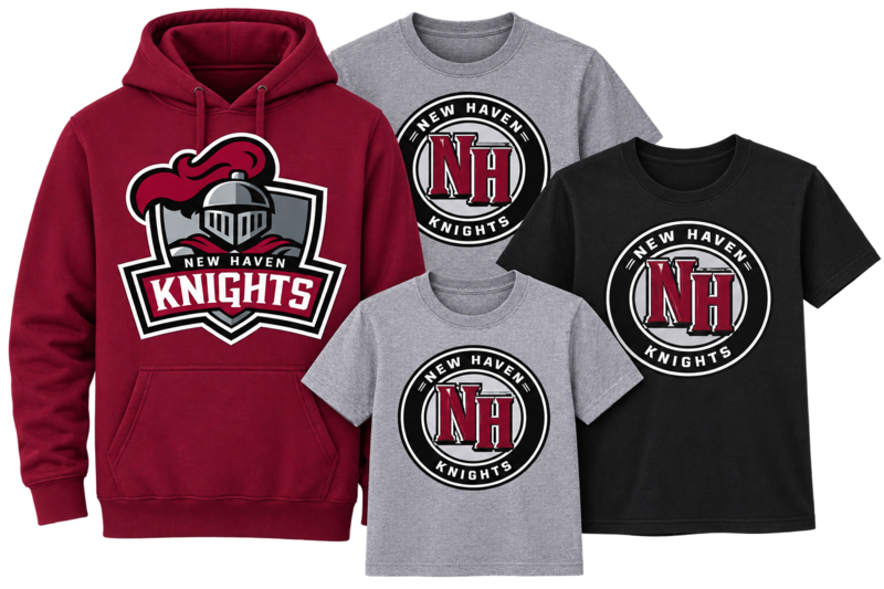 Image of Tshirts and sweatshirts for sale. Shirts are burgundy and grey