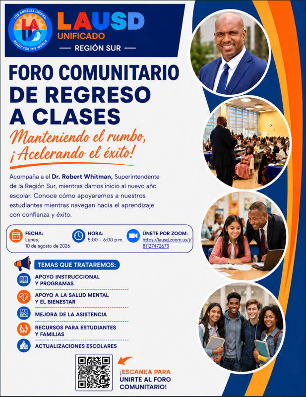 Foro Comunitario de Regreso a Clases de LAUSD Región Sur pancarta