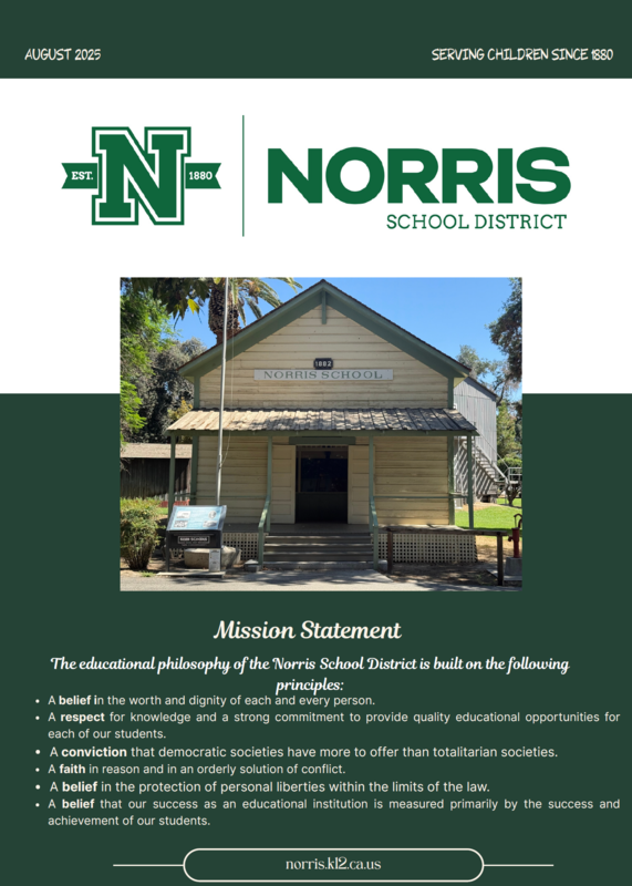 Image of 1st page of Newsletter with the Norris school house and mission statement
