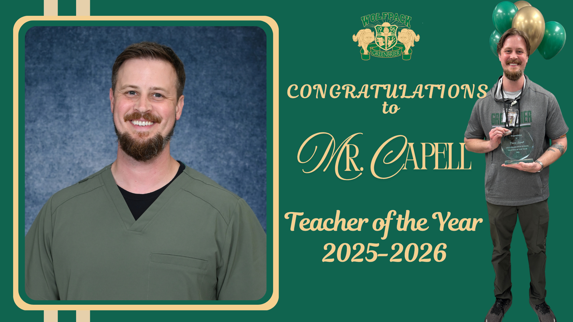 Celebratory collage featuring a smiling man in scrubs and an award for Teacher of the Year.