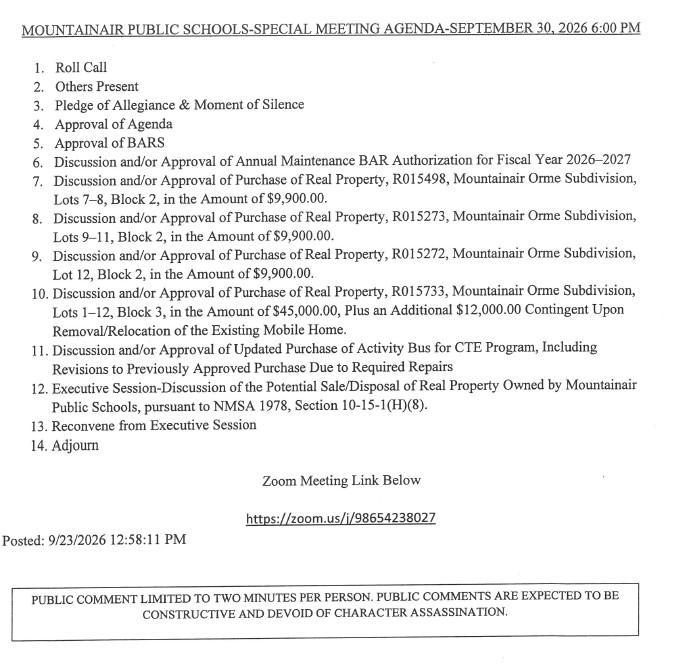 screenshot of the agenda for the board meeting for September 30, 2026