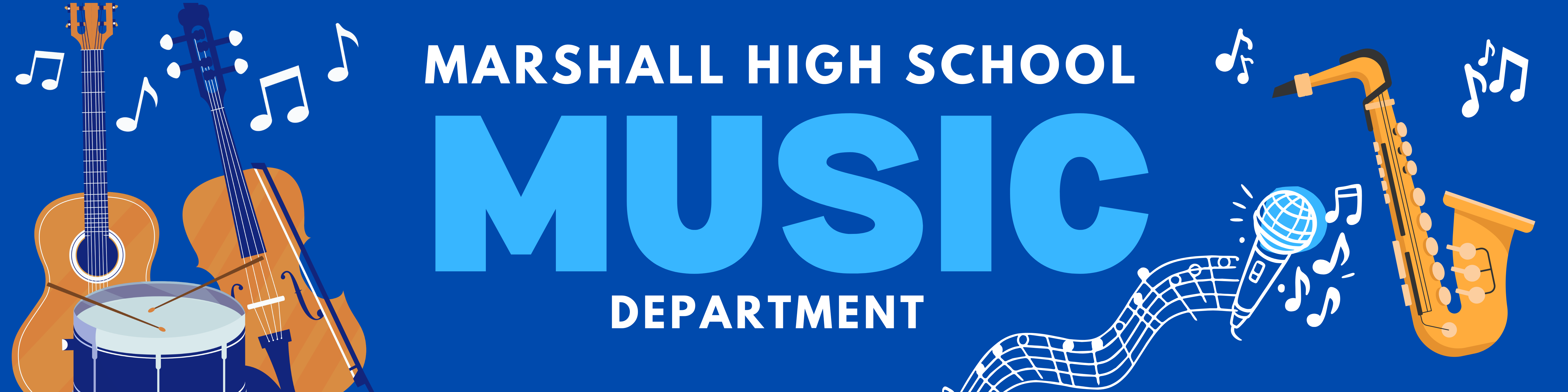 Marshall High School Music Department, Musical instruments, violin, guitar, microphone, saxaphone, & musical notes