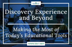 Discovery Experience and Beyond blue graphic, with teacher and students using tech devices