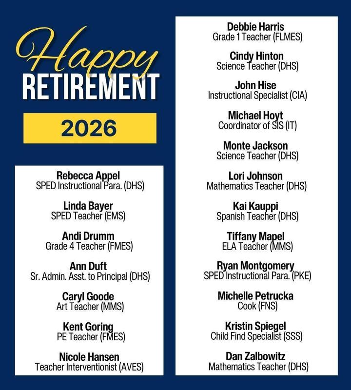 List of Durango School District's 2026 retirees with at least 10 consecutive years of service