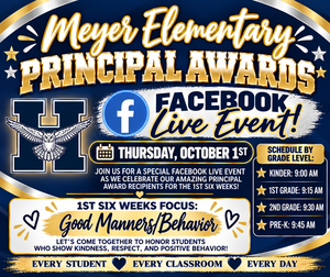 Meyer Elementary Principal Awards announcement for Facebook Live event with schedule.