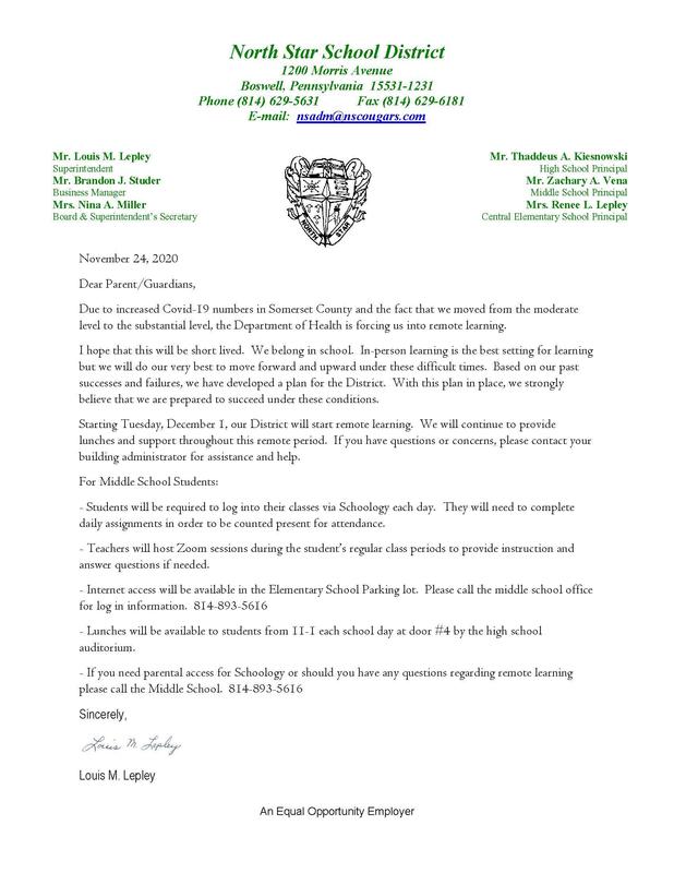 Middle School Remote Learning Letter