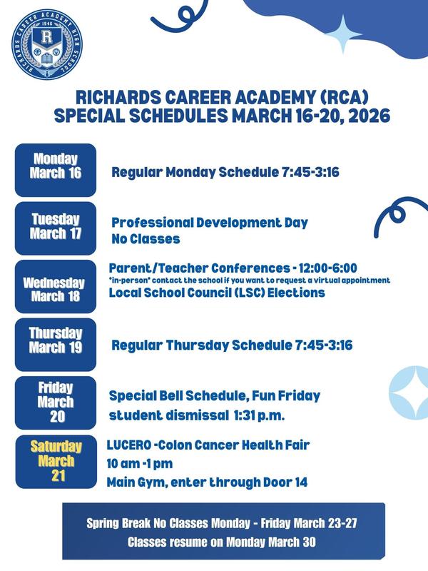 Special Schedules March 16-20 / ¡Horario especial para el 16-20 de marzo! Featured Photo