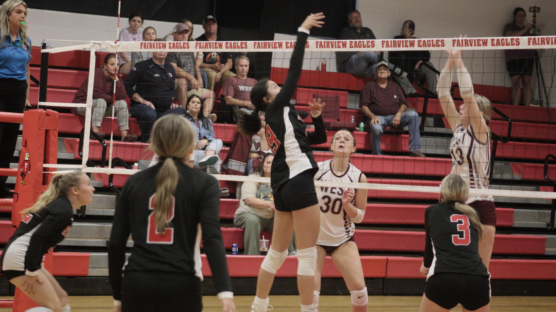 Volleyball players from both teams competing during a match with cheering spectators in the background.
