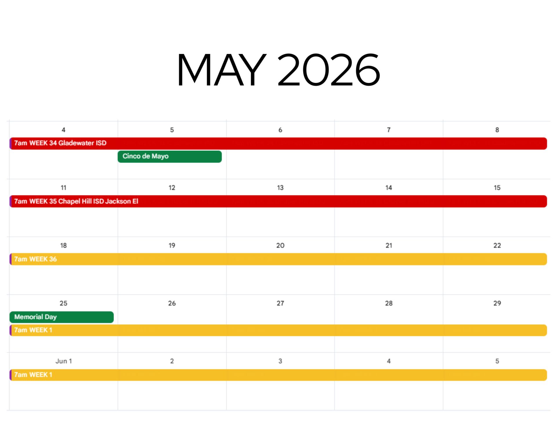 MAY 2026 calendar.  Week 36, May 18-22 is still available.  