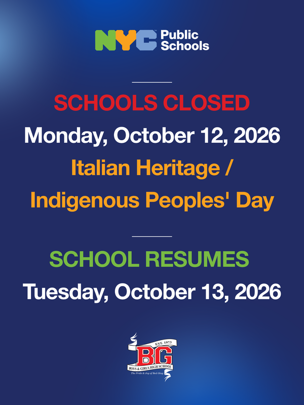 Schools Closed Monday, October 12, 2026 - Italian Heritage/Indigenous Peoples' Day.