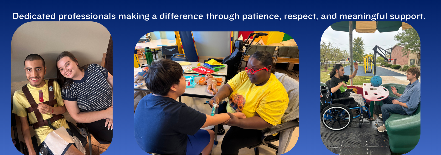 Three scenes showing professionals providing support to individuals in various settings.