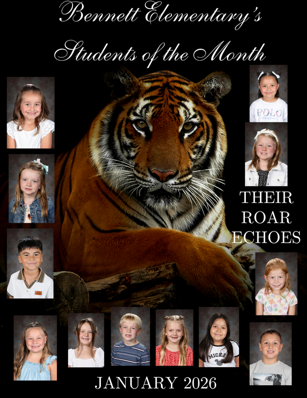 Collage of Bennett Elementary's Students of the Month with a tiger background.