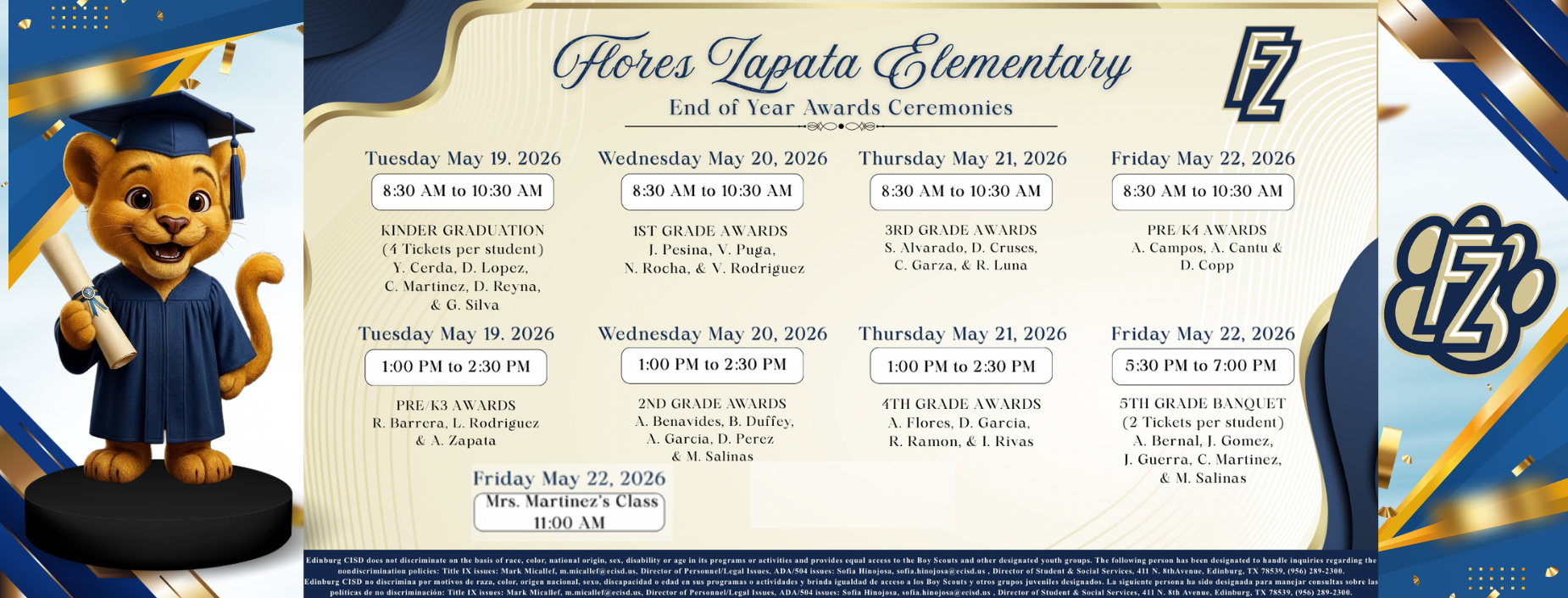 Flores/Zapata Elementary End of the Year Awards Ceremonies Banner