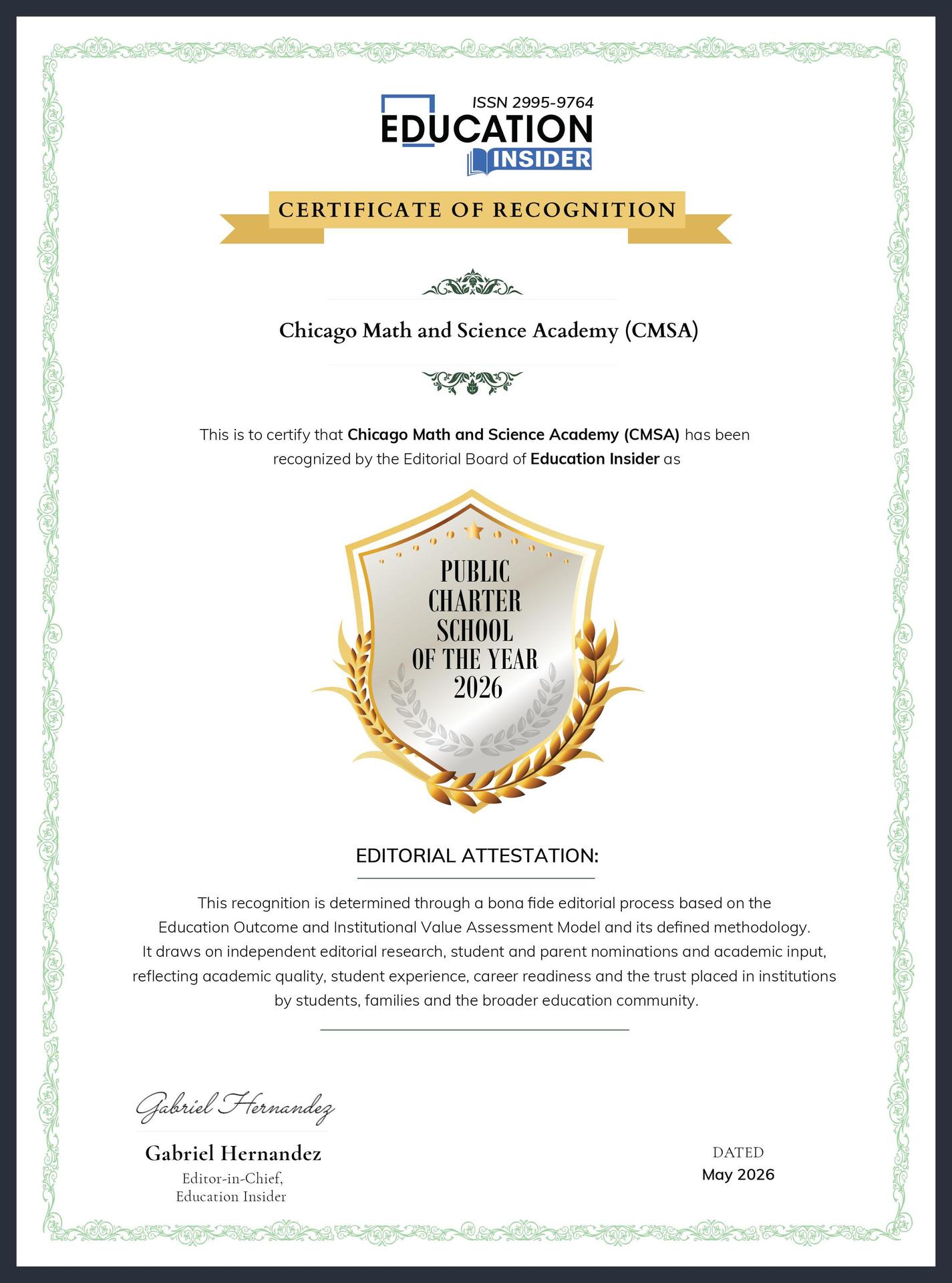 CMSA awarded Public Charter School of the Year 2026 by Education Insider