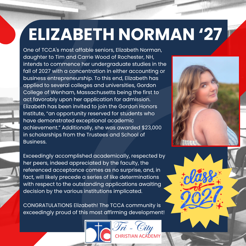 🎓👏Campus Corner Update: Elizabeth Norman ('27) accepted to Gordon College!🎓👏 Featured Photo