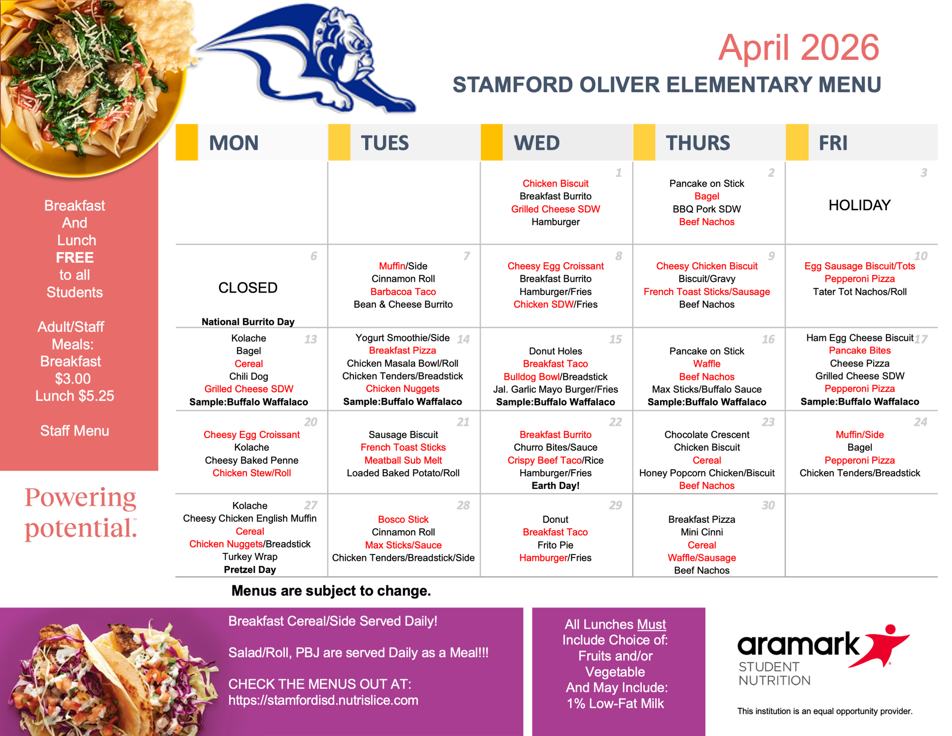 Oliver April Menu 2026