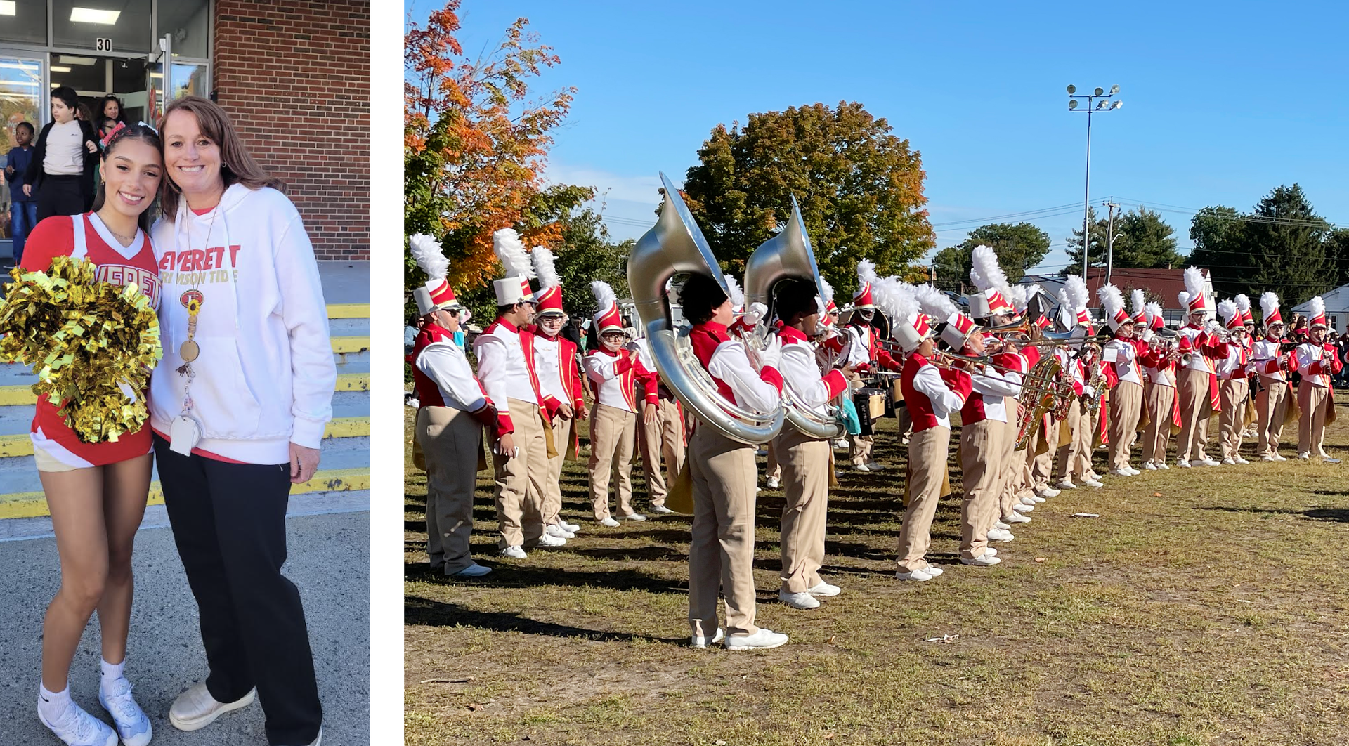 Cheerleader poses with an adult; marching band performs in the background.