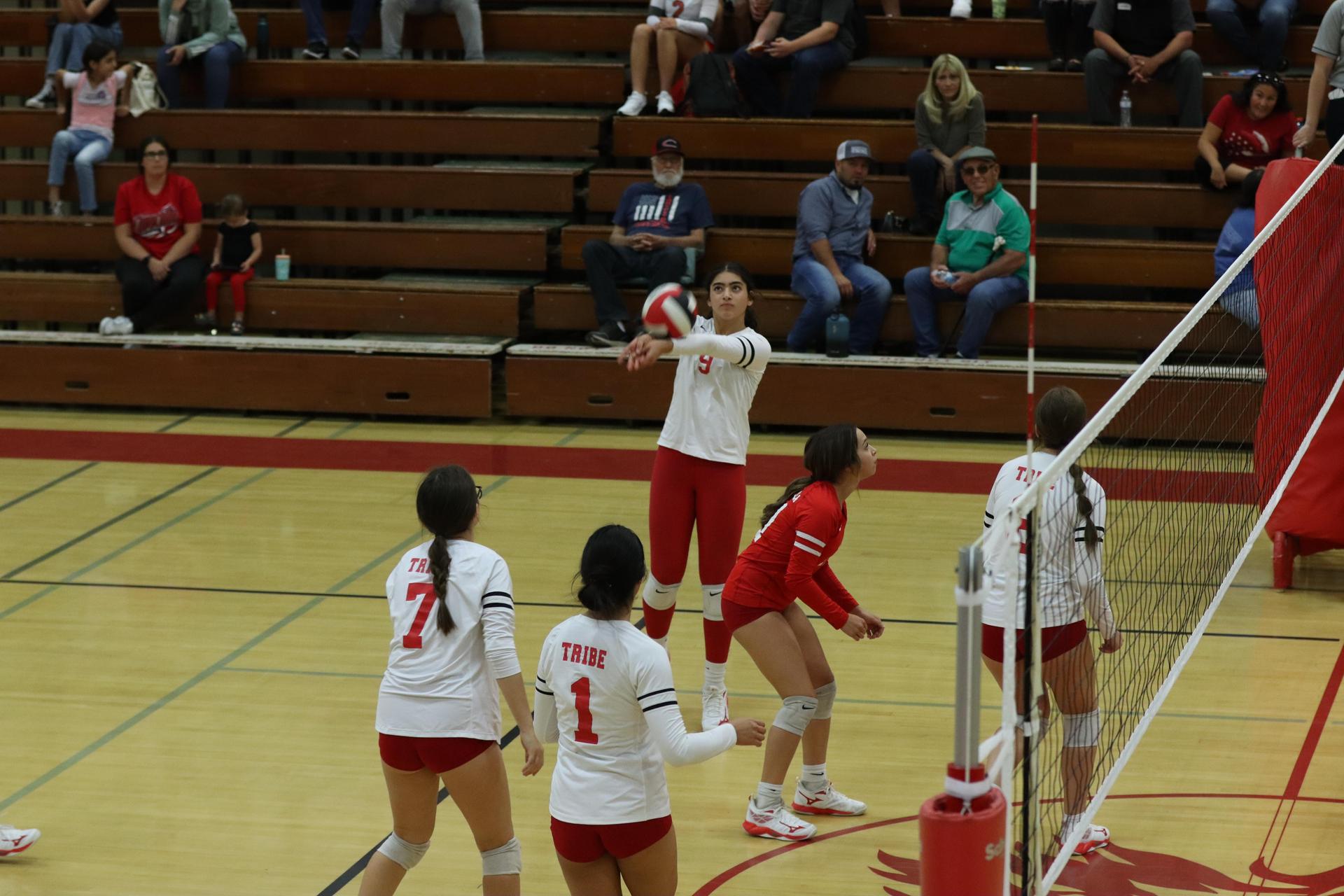 varsity volleyball players in action against liberty